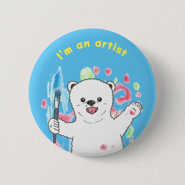 Cute Polar bear Colorful Fun Artist Art Blue Button (Front)