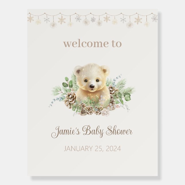 Cute Polar Bear Cub Boho Winter Baby Shower Sign (Front)