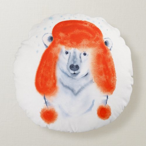 Cute Polar Bear Cub in Red Winter Hat Personalized Round Pillow