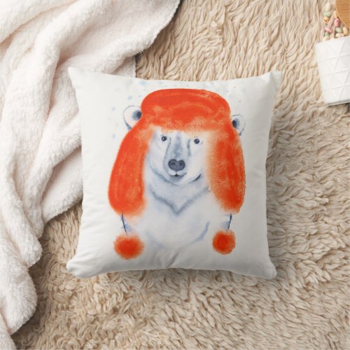 Cute Polar Bear Cub in Red Winter Hat Personalized Throw Pillow