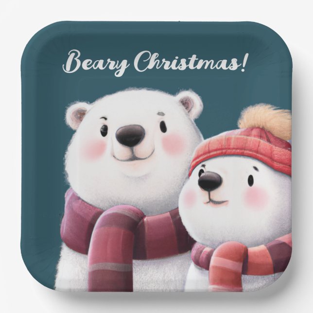 Cute Polar Bear Cubs Wearing Scarves Paper Plates (Front)