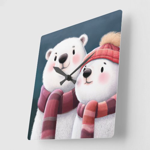 Cute Polar Bear Cubs Wearing Scarves Square Wall Clock
