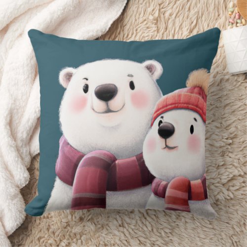 Cute Polar Bear Cubs Wearing Scarves Throw Pillow