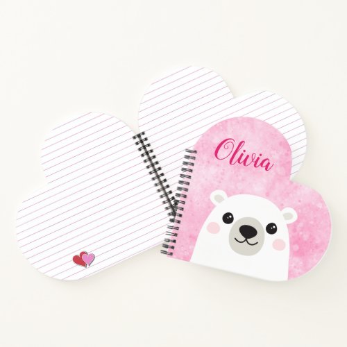 Cute polar bear custom name kids heart shaped notebook