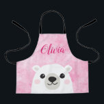 Cute polar bear custom name pink apron<br><div class="desc">Apron featuring a cute little polar bear on a pink background and customizable name above.</div>