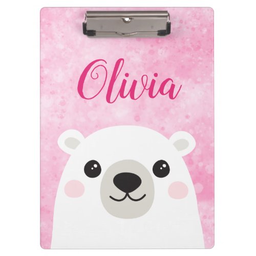 Cute polar bear custom name pink clipboard