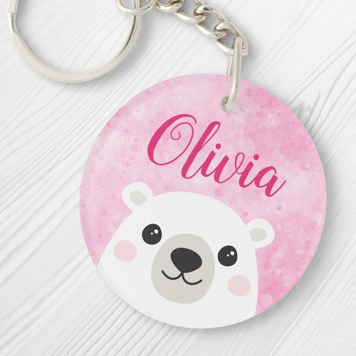 Cute polar bear custom name pink keychain