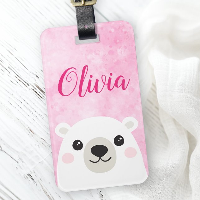 Cute polar bear custom name pink luggage tag (Cute polar bear custom name pink luggage tag)