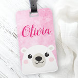 Cute polar bear custom name pink luggage tag<br><div class="desc">Cute luggage tag featuring a cute little polar bear on a pink background and your custom name or other text.</div>