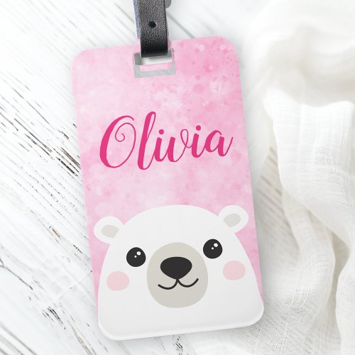 Cute polar bear custom name pink luggage tag