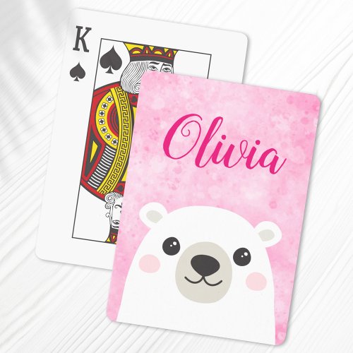 Cute polar bear custom name pink poker cards