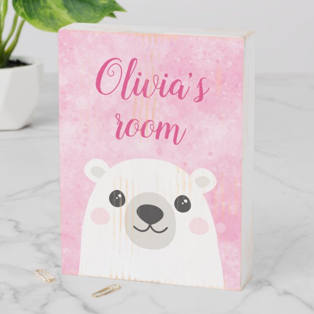 Cute polar bear custom name room wooden box sign (In Situ Vertical)