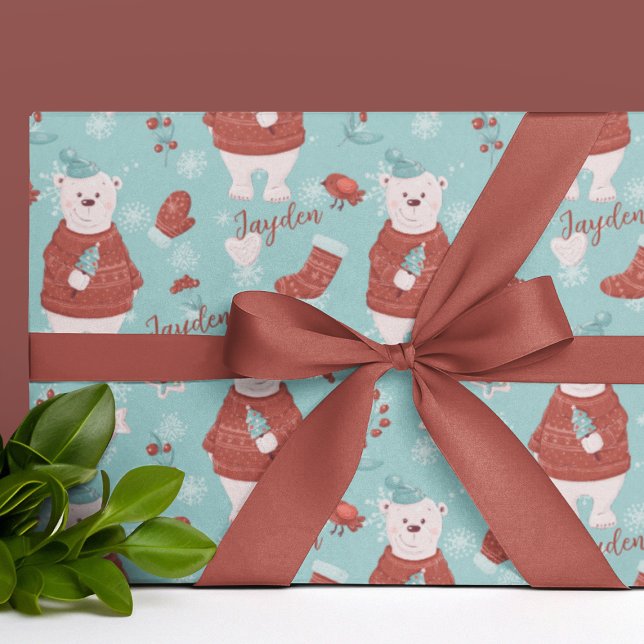 Cute Polar Bear Customizable Wrapping Paper (Cute Personalized Name Polar Bear Wrapping Paper
)