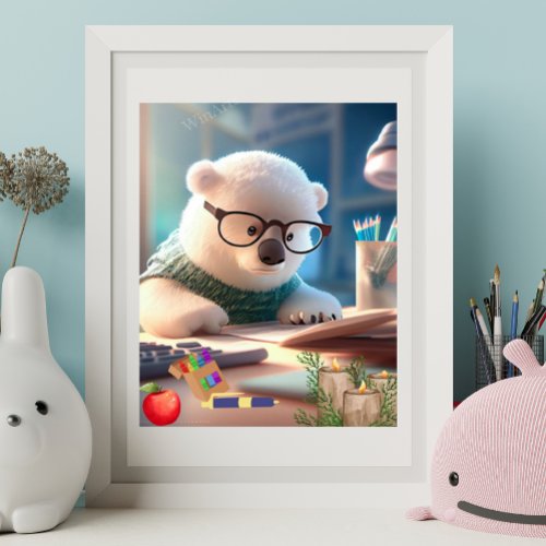 Cute Polar Bear doing Homework Art Poster