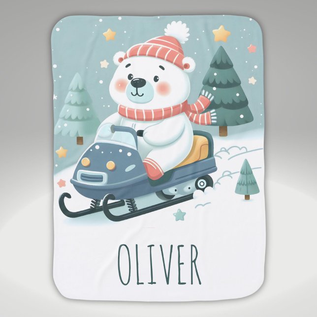 Cute Polar Bear Driving Snowmobile Personalized Baby Blanket (Creator Uploaded)