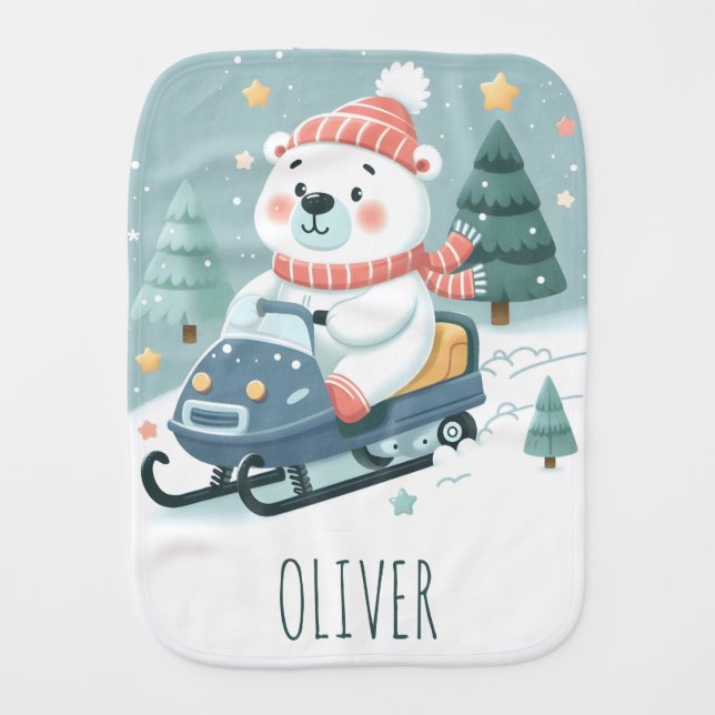Cute Polar Bear Driving Snowmobile Personalized Baby Burp Cloth (Front)