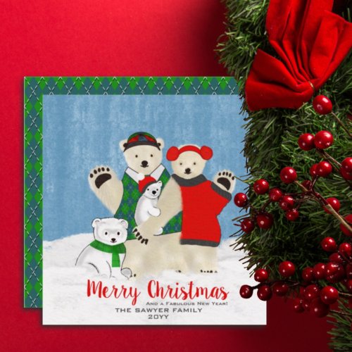 Cute Polar Bear Family Waving Merry Christmas