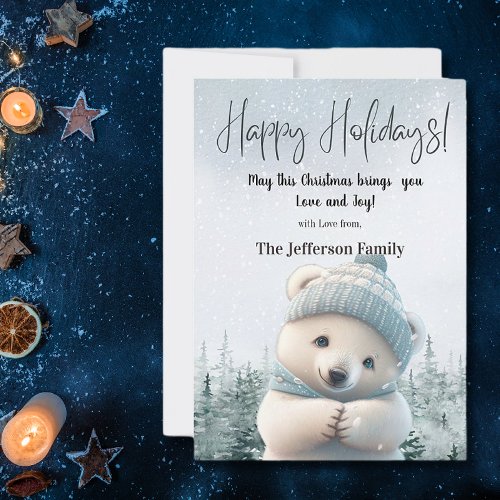 Cute Polar Bear Happy Holidays Winter Watercolor Holiday Card