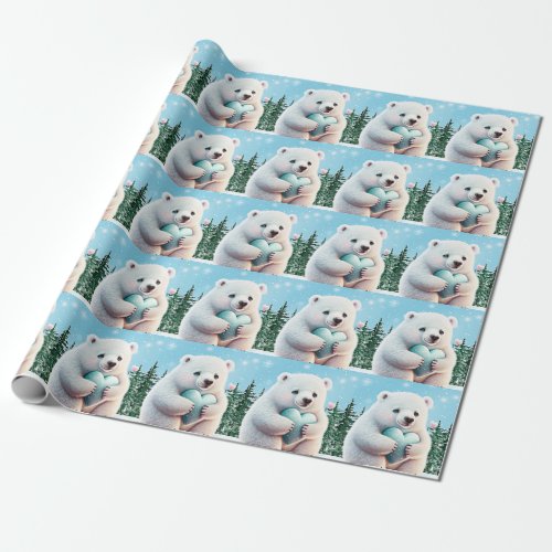 Cute Polar Bear Hearts Kids Winter Wonderland Wrapping Paper