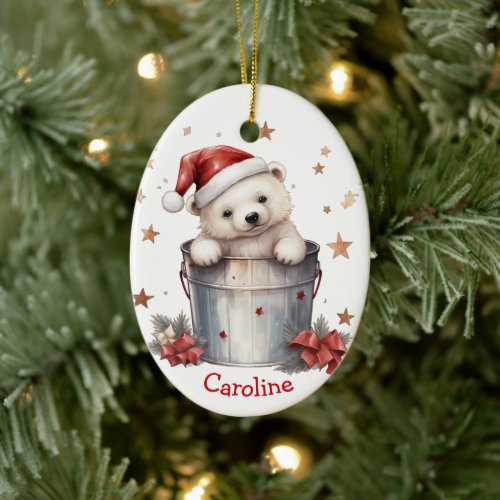 Cute Polar Bear in Bucket Kids Christmas Ceramic Ornament