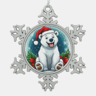Cute Polar Bear in Santa Hat and Scarf Snowflake Pewter Christmas Ornament