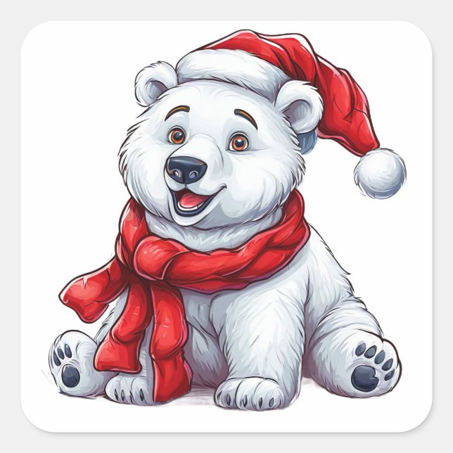 Cute Polar Bear in Santa Hat and Scarf  Square Sticker (Front)