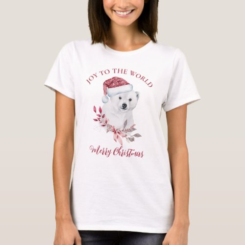 Cute polar bear in Santa hat Joy to the word T_Shi T_Shirt