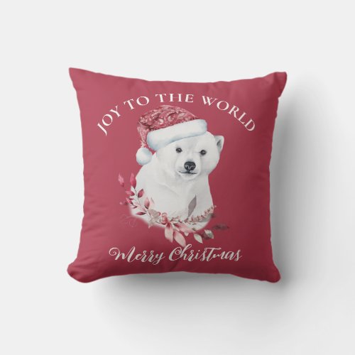 Cute polar bear in Santa hat Joy to the word Throw Throw Pillow