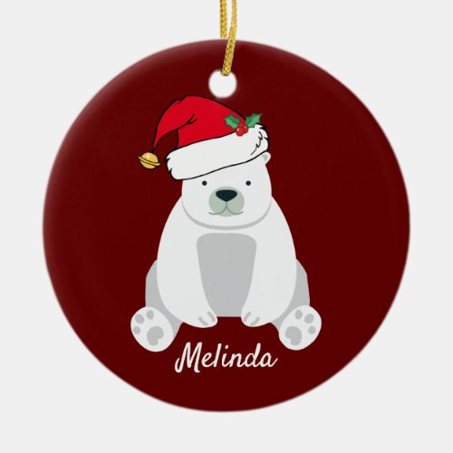 Cute Polar Bear in Santa Hat Kids Custom Christmas Ceramic Ornament