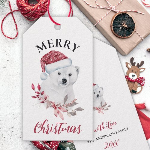 Cute polar bear in Santa hat Merry Christmas Gift Tags