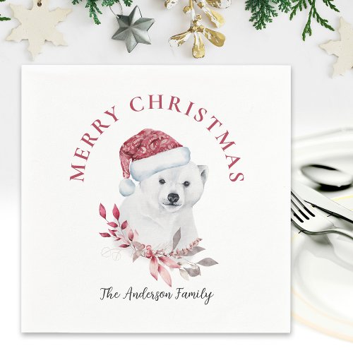 Cute polar bear in Santa hat Merry Christmas Napkins