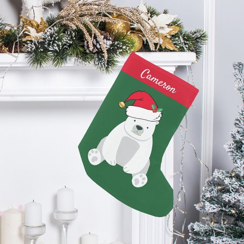 Cute Polar Bear in Santa Hat Monogram Kids Small Christmas Stocking