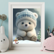 Cute Polar Bear in Snow Blue Hat Personalized Art Poster
