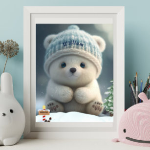 Cute Polar Bear in Snow Blue Hat Personalized Art Poster