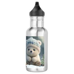 Cute Polar Bear in Snow Blue Hat Personalized Stainless Steel Water Bottle