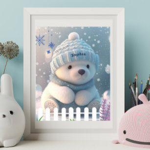 Cute Polar Bear in Snow Blue Hat Scarf Custom Art  Poster