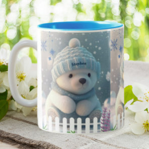 Cute Polar Bear in Snow Blue Hat Scarf Custom Two-Tone Coffee Mug