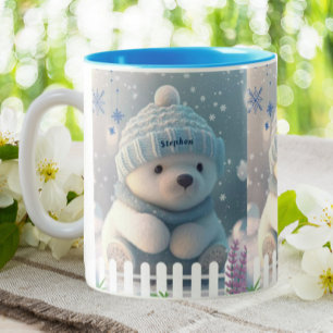Cute Polar Bear in Snow Blue Hat Scarf Custom Two-Tone Coffee Mug