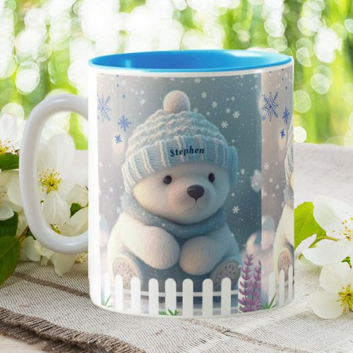 Cute Polar Bear in Snow Blue Hat Scarf Custom Two_Tone Coffee Mug