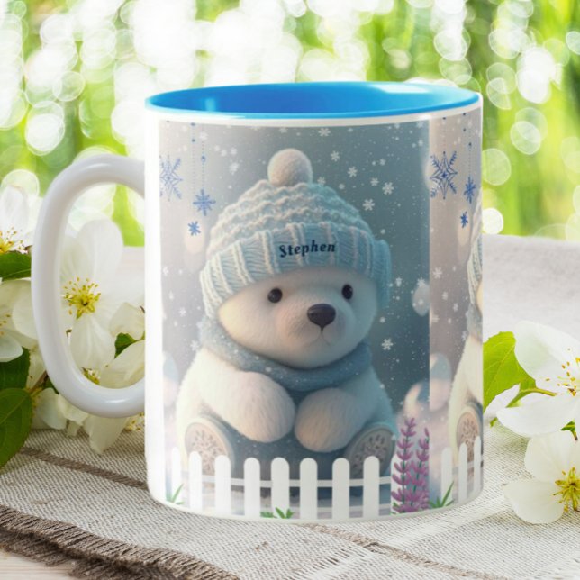 Cute Polar Bear in Snow Blue Hat Scarf Custom Two-Tone Coffee Mug (Creator Uploaded)