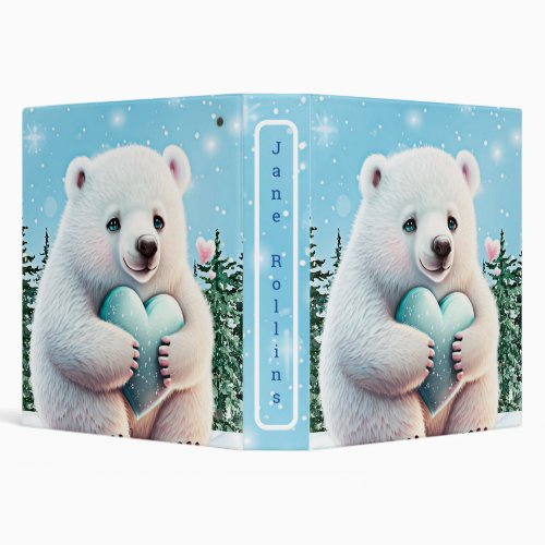 Cute Polar Bear in snow with Heart Personalized 3 Ring Binder