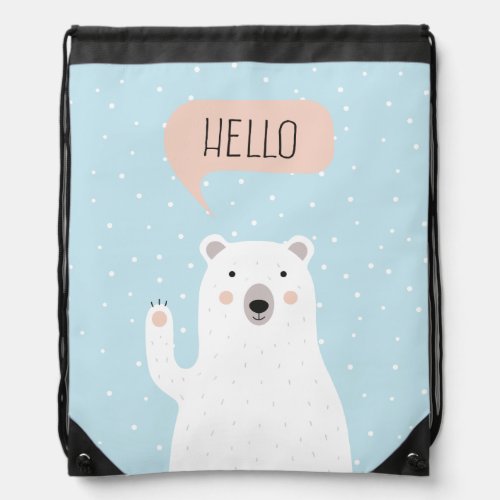 Cute Polar Bear in the Snow says Hello Drawstring Bag