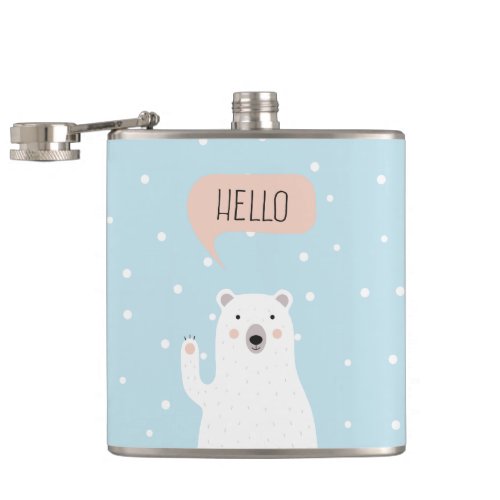 Cute Polar Bear in the Snow says Hello Hip Flask