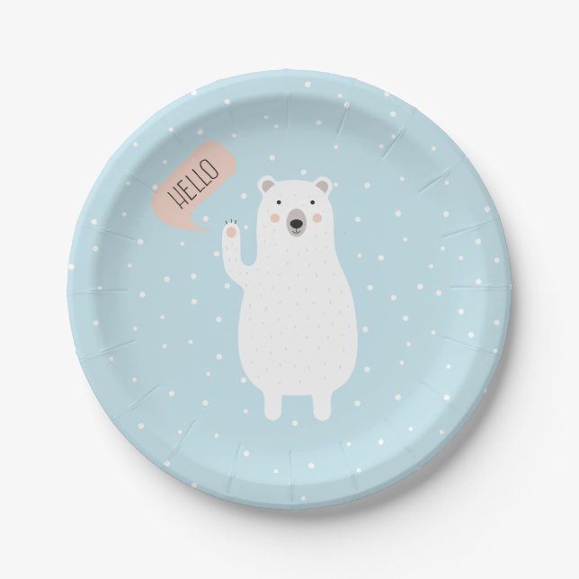 Cute Polar Bear in the Snow says Hello Paper Plates (Front)