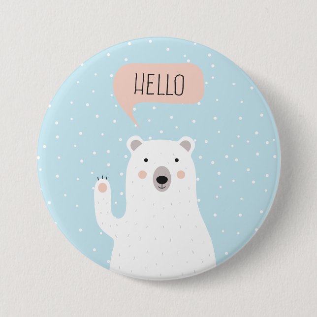 Cute Polar Bear in the Snow says Hello Pinback Button (Front)
