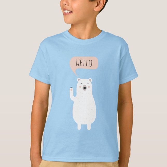 Cute Polar Bear in the Snow says Hello T-Shirt (Front)