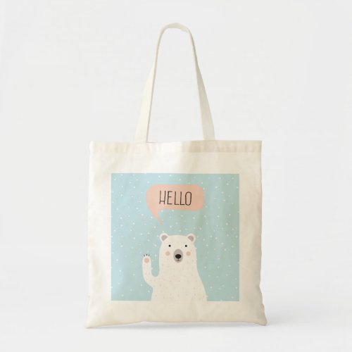 Cute Polar Bear in the Snow says Hello Tote Bag