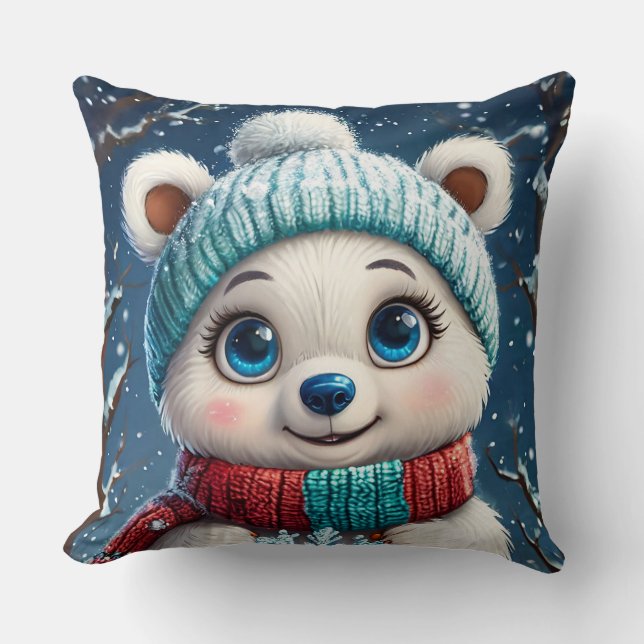 Cute Polar Bear in Winter Scarf Throw Pillow (Front)