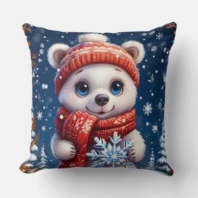Cute Polar Bear in Winter Scarf Throw Pillow (Front)