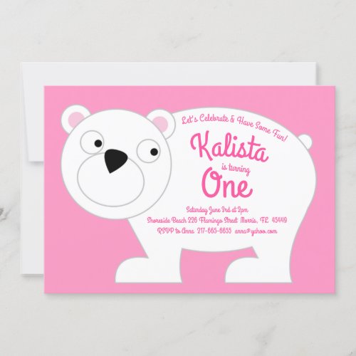Cute Polar Bear Kids 1st Birthday Party Pink Girls Invitation